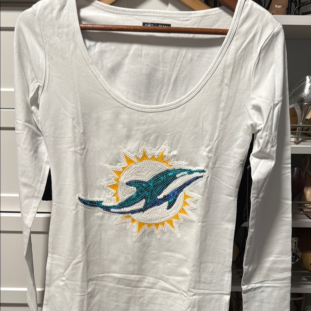NFL White Long Sleeve Tee with Dolphin Logo
